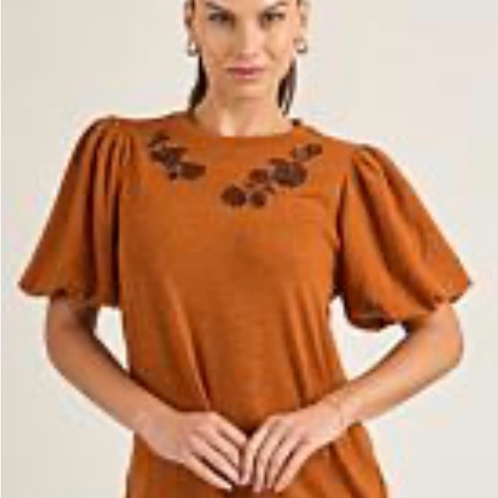 DG2 by Diane Gilman Rust Puff Sleeve Embroidered Tunic